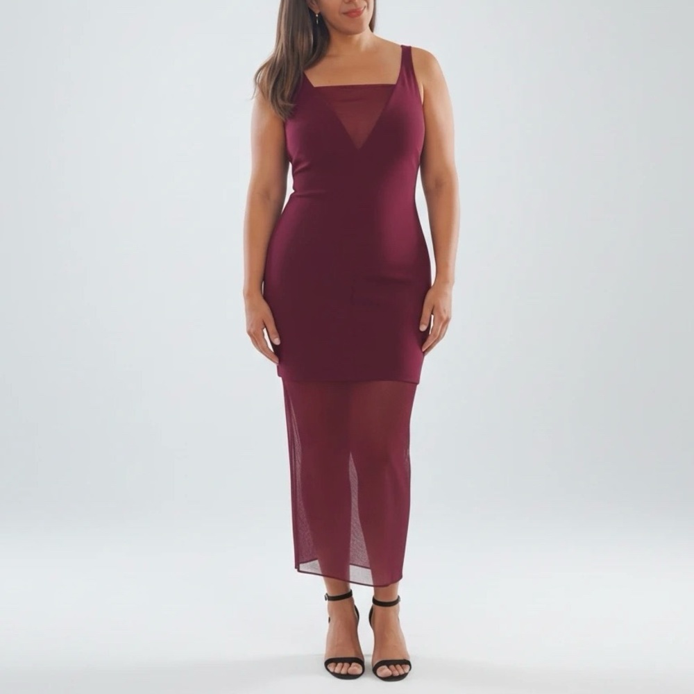 NWT Abercrombie & Fitch Layered Crepe Dress Burgundy Sheer Panel Midi